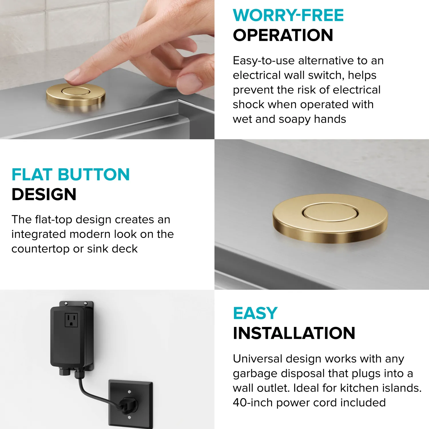 Sale Contemporary Flat Top Button Garbage Disposal Air Switch Kit in Brushed Brass Garbage Disposals & Parts