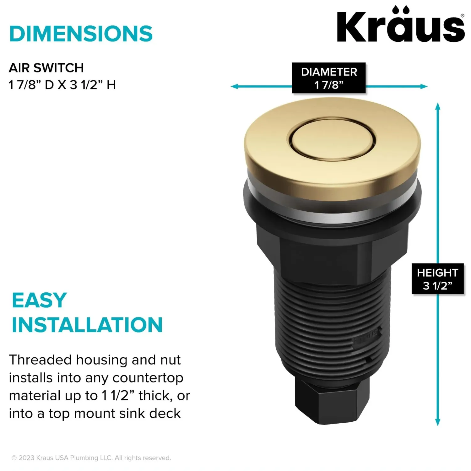 Contemporary Flat Top Garbage Disposal Air Switch Button in Brushed Brass Garbage Disposals & Parts