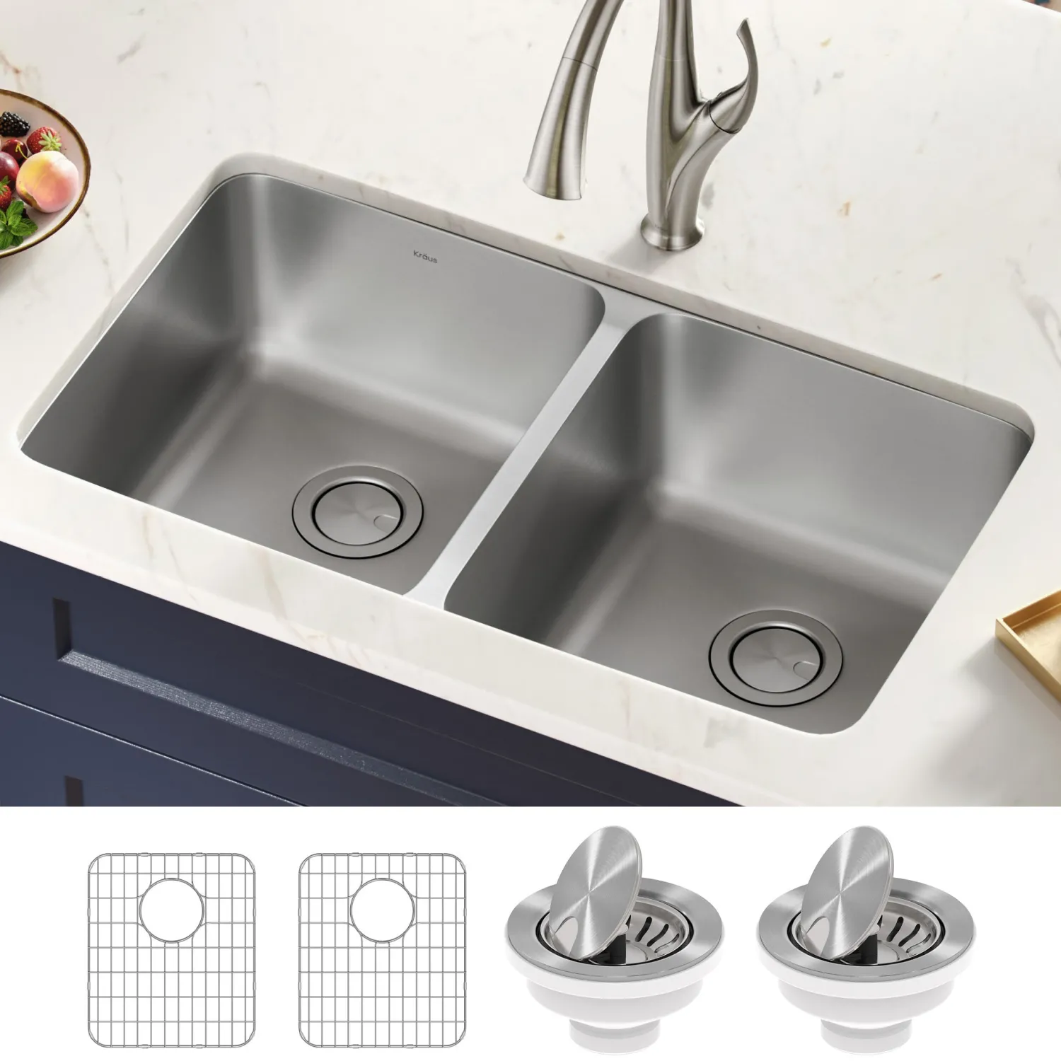Online Dex 33" Undermount 16 Gauge Stainless Steel Double Bowl Kitchen Sink Stainless Steel Sinks|Double Bowl Sinks