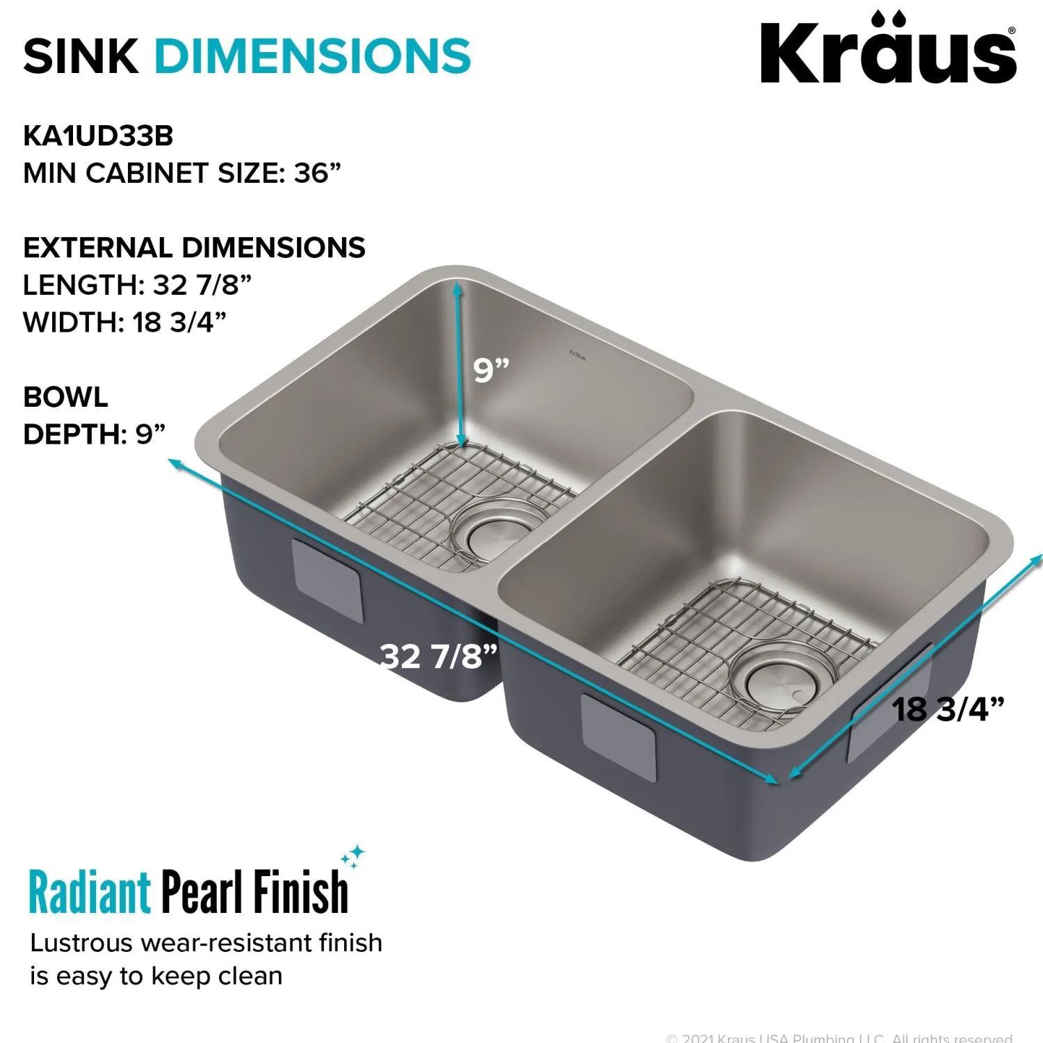 Online Dex 33" Undermount 16 Gauge Stainless Steel Double Bowl Kitchen Sink Stainless Steel Sinks|Double Bowl Sinks