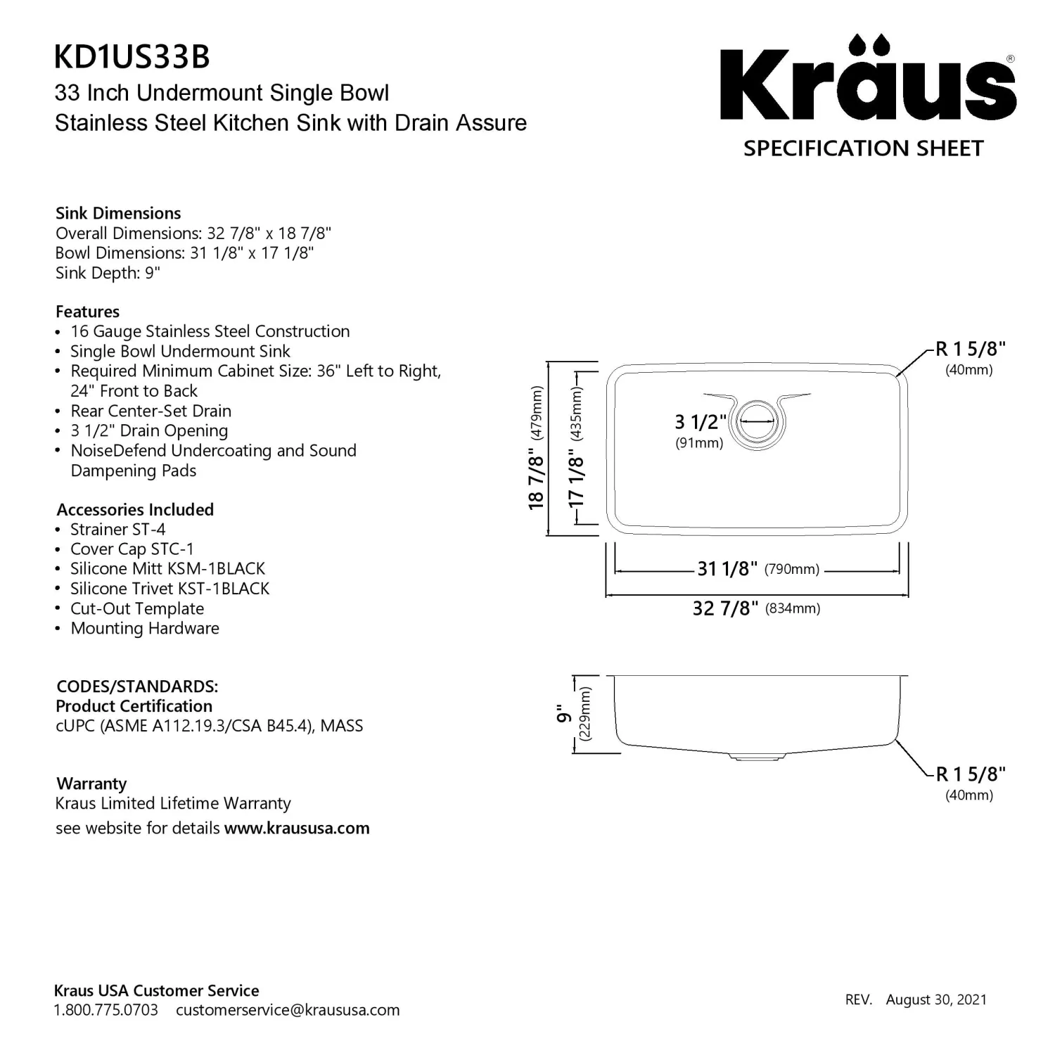 Outlet Dex 33" Undermount 16 Gauge Stainless Steel Kitchen Sink with VersiDrain Stainless Steel Sinks|Single Bowl Sinks