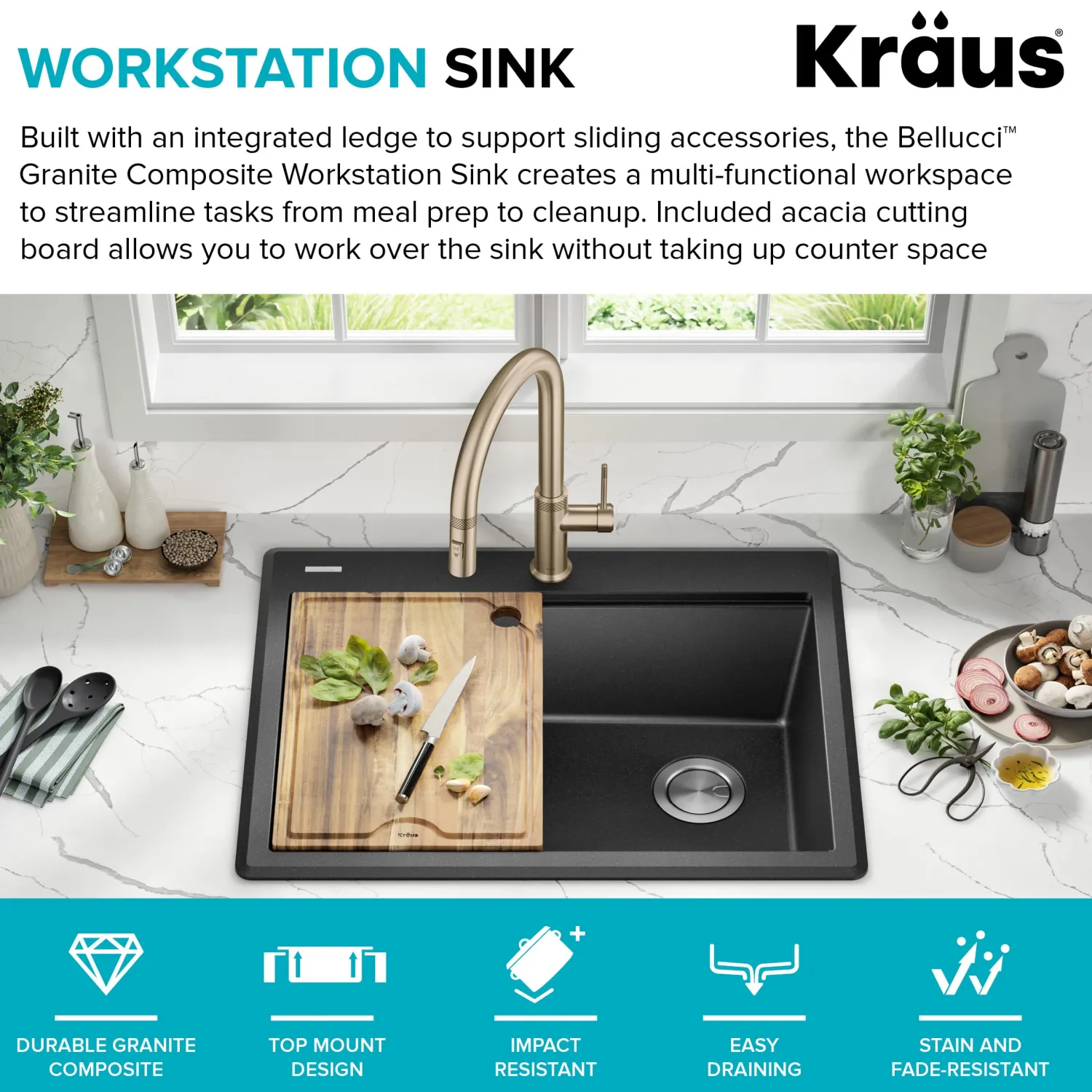 Best 28” Drop-In Granite Composite Workstation Kitchen Sink in Metallic Black Drop-In / Top Mount Sinks|Single Bowl Sinks