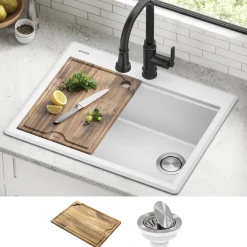 Discount 28” Drop-In Granite Composite Workstation Kitchen Sink in White Drop-In / Top Mount Sinks|Single Bowl Sinks