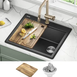 Discount 25” Drop-In Granite Composite Workstation Kitchen Sink in Metallic Black Drop-In / Top Mount Sinks|Single Bowl Sinks