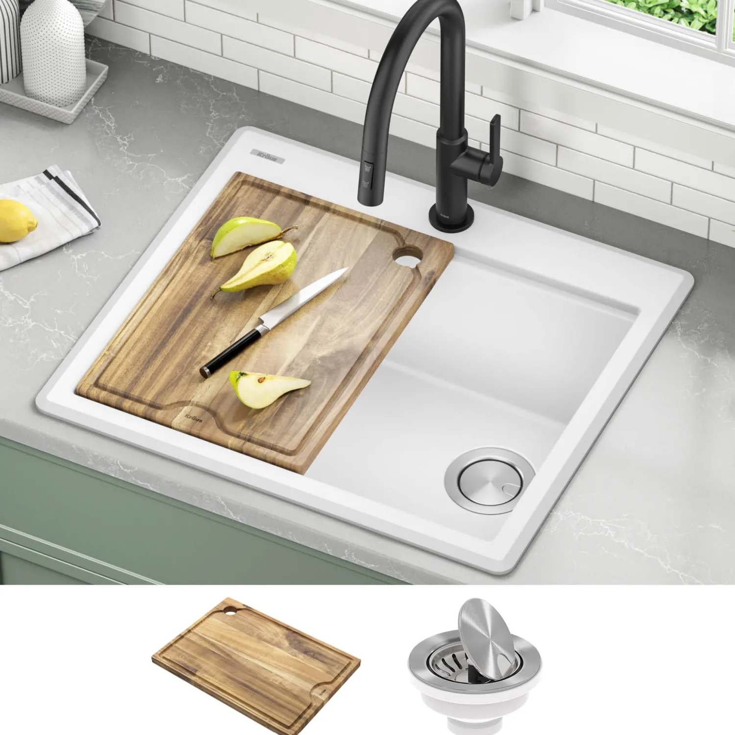 Best 25” Drop-In Granite Composite Workstation Kitchen Sink in White Drop-In / Top Mount Sinks|Single Bowl Sinks