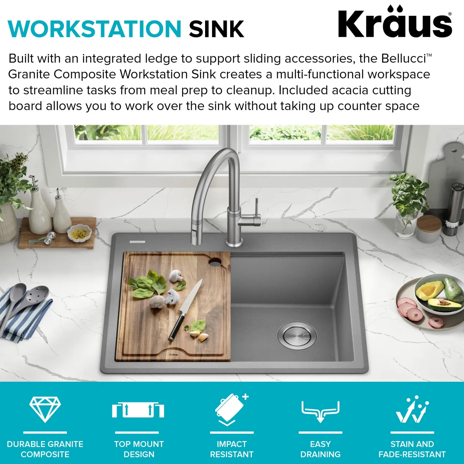 New 28” Drop-In Granite Composite Workstation Kitchen Sink in Metallic Grey Drop-In / Top Mount Sinks|Single Bowl Sinks