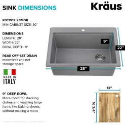 New 28” Drop-In Granite Composite Workstation Kitchen Sink in Metallic Grey Drop-In / Top Mount Sinks|Single Bowl Sinks