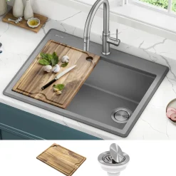 New 28” Drop-In Granite Composite Workstation Kitchen Sink in Metallic Grey Drop-In / Top Mount Sinks|Single Bowl Sinks