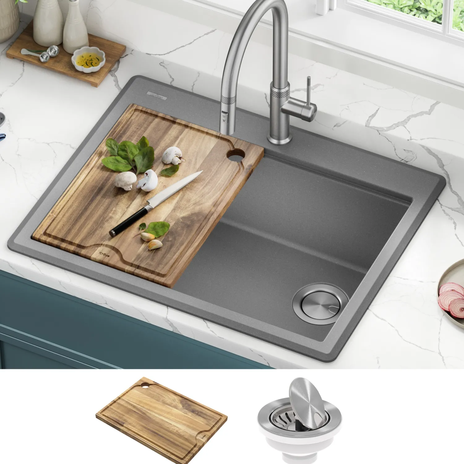 New 28” Drop-In Granite Composite Workstation Kitchen Sink in Metallic Grey Drop-In / Top Mount Sinks|Single Bowl Sinks