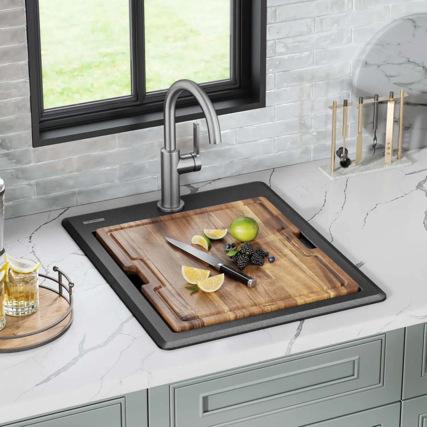 Online 18” Drop-In Granite Composite Workstation Kitchen Bar Sink in Metallic Black Bar / Prep Sinks|Workstation Sinks