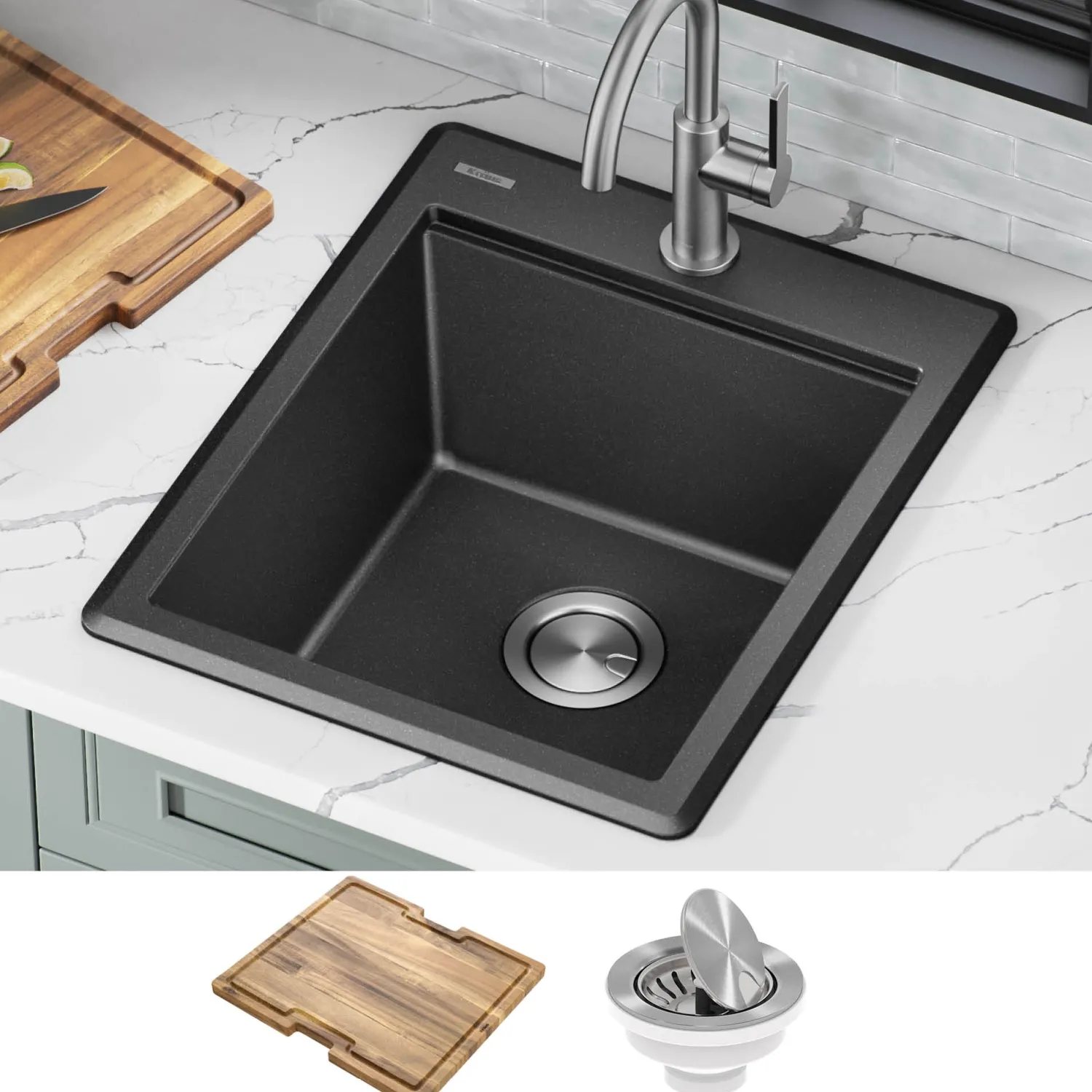 Online 18” Drop-In Granite Composite Workstation Kitchen Bar Sink in Metallic Black Bar / Prep Sinks|Workstation Sinks
