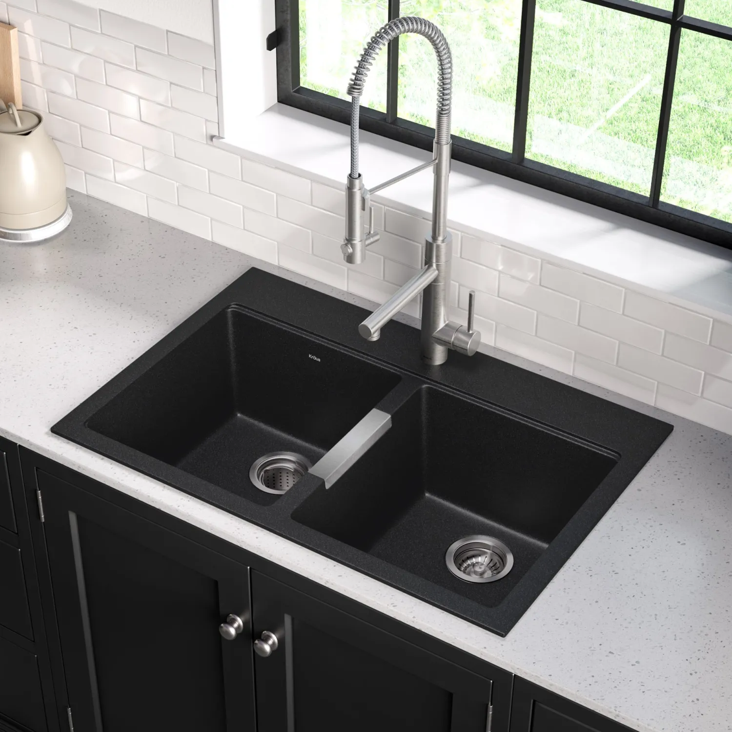 Outlet 33" Dual Mount 50/50 Double Bowl Black Onyx Granite Kitchen Sink Drop-In / Top Mount Sinks|Double Bowl Sinks