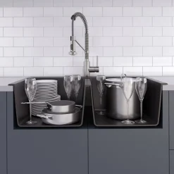 Outlet 33" Dual Mount 50/50 Double Bowl Black Onyx Granite Kitchen Sink Drop-In / Top Mount Sinks|Double Bowl Sinks