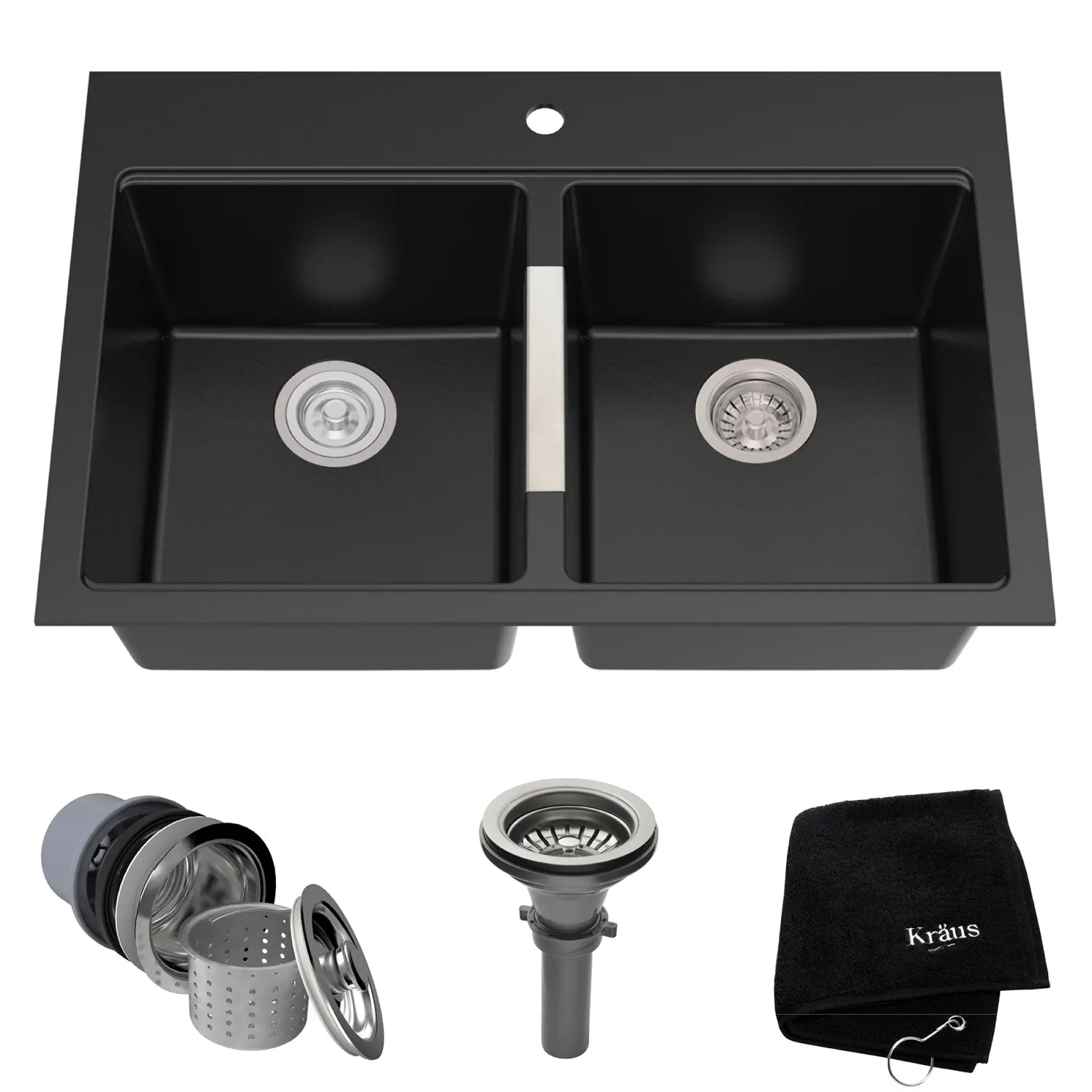 Outlet 33" Dual Mount 50/50 Double Bowl Black Onyx Granite Kitchen Sink Drop-In / Top Mount Sinks|Double Bowl Sinks