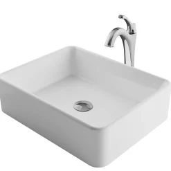 Clearance Elavo 19-Inch Modern Rectangular White Porcelain Ceramic Bathroom Vessel Sink and Arlo Faucet Combo Set with Pop-Up Drain Sink And Faucet Combos|Above Counter / Vessel Sinks