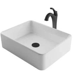 Clearance Elavo 19-Inch Modern Rectangular White Porcelain Ceramic Bathroom Vessel Sink and Arlo Faucet Combo Set with Pop-Up Drain Sink And Faucet Combos|Above Counter / Vessel Sinks