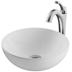 Sale Elavo 14-Inch Round White Porcelain Ceramic Bathroom Vessel Sink and Arlo Faucet Combo Set with Pop-Up Drain Sink And Faucet Combos|Above Counter / Vessel Sinks