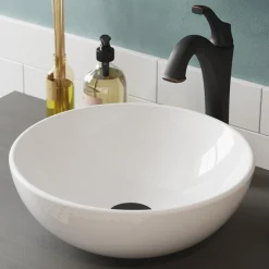 Sale Elavo 14-Inch Round White Porcelain Ceramic Bathroom Vessel Sink and Arlo Faucet Combo Set with Pop-Up Drain Sink And Faucet Combos|Above Counter / Vessel Sinks