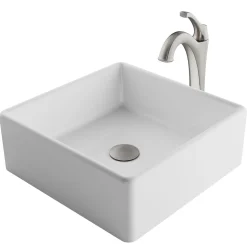 Hot Elavo 15-Inch Square White Porcelain Ceramic Bathroom Vessel Sink and Arlo Faucet Combo Set with Pop-Up Drain Sink And Faucet Combos|Above Counter / Vessel Sinks