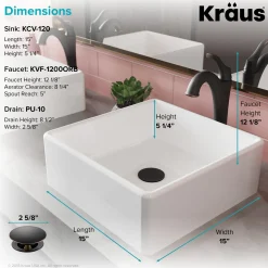 Hot Elavo 15-Inch Square White Porcelain Ceramic Bathroom Vessel Sink and Arlo Faucet Combo Set with Pop-Up Drain Sink And Faucet Combos|Above Counter / Vessel Sinks