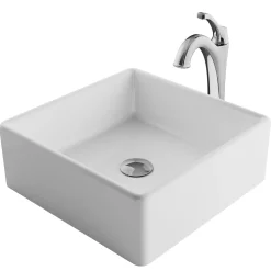Hot Elavo 15-Inch Square White Porcelain Ceramic Bathroom Vessel Sink and Arlo Faucet Combo Set with Pop-Up Drain Sink And Faucet Combos|Above Counter / Vessel Sinks