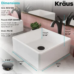 Hot Elavo 15-Inch Square White Porcelain Ceramic Bathroom Vessel Sink and Arlo Faucet Combo Set with Pop-Up Drain Sink And Faucet Combos|Above Counter / Vessel Sinks