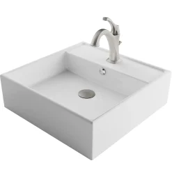 Outlet Elavo 18 1/2-Inch Square White Porcelain Ceramic Bathroom Vessel Sink with Overflow and Arlo Faucet Combo Set with Lift Rod Drain Sink And Faucet Combos|Above Counter / Vessel Sinks