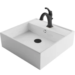 Outlet Elavo 18 1/2-Inch Square White Porcelain Ceramic Bathroom Vessel Sink with Overflow and Arlo Faucet Combo Set with Lift Rod Drain Sink And Faucet Combos|Above Counter / Vessel Sinks