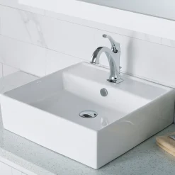 Outlet Elavo 18 1/2-Inch Square White Porcelain Ceramic Bathroom Vessel Sink with Overflow and Arlo Faucet Combo Set with Lift Rod Drain Sink And Faucet Combos|Above Counter / Vessel Sinks