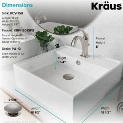 Outlet Elavo 18 1/2-Inch Square White Porcelain Ceramic Bathroom Vessel Sink with Overflow and Arlo Faucet Combo Set with Lift Rod Drain Sink And Faucet Combos|Above Counter / Vessel Sinks