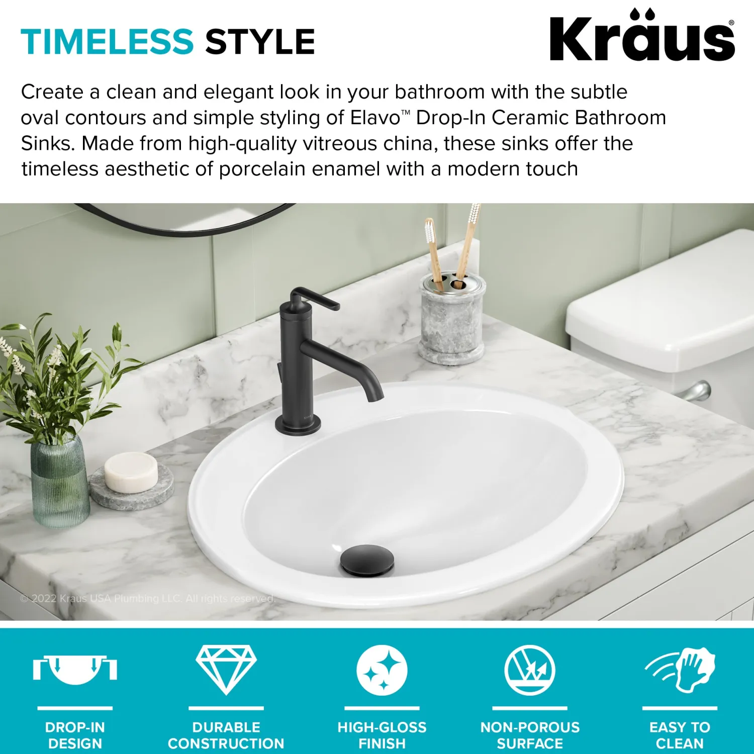 Online Elavo 22" Oval Porcelain Drop In Bathroom Sink in White Drop-In / Top Mount Sinks
