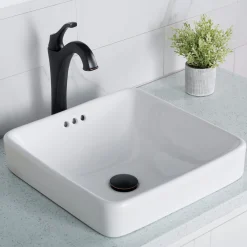 Best Elavo Series Square Ceramic Semi-Recessed Bathroom Sink in White with Overflow Semi-Recessed Sinks