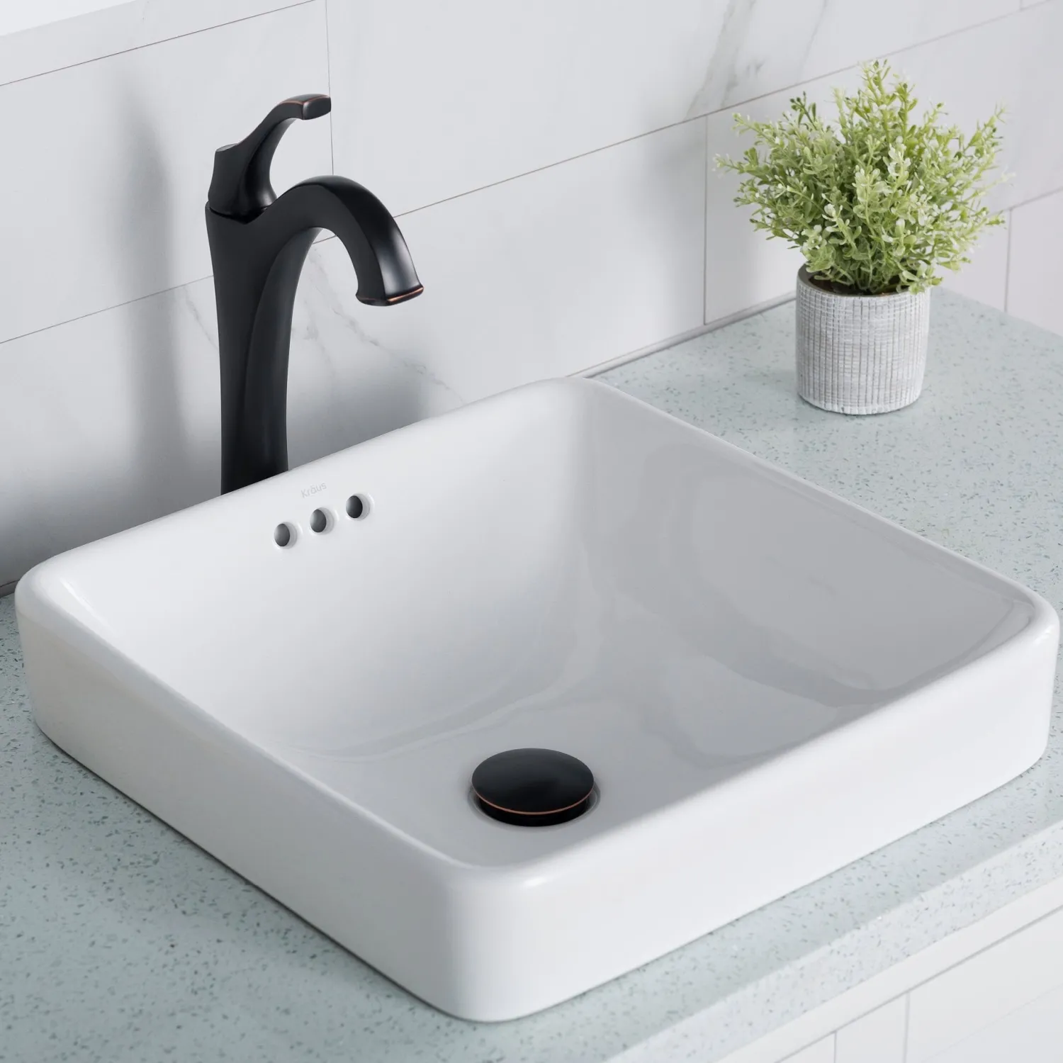 Outlet Elavo Square Semi-Recessed Vessel White Porcelain Bathroom Sink with Overflow, 16 1/2 " (2-Pack) Semi-Recessed Sinks