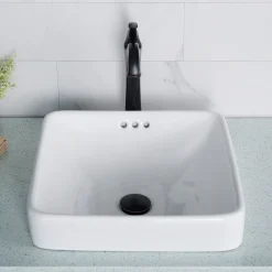 Outlet Elavo Square Semi-Recessed Vessel White Porcelain Bathroom Sink with Overflow, 16 1/2