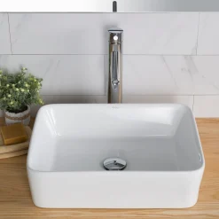 Best Elavo 19" White Rectangular Porcelain Bathroom Vessel Sink with Ramus Single Handle Vessel Bathroom Sink Faucet with Pop-Up Drain Sink And Faucet Combos