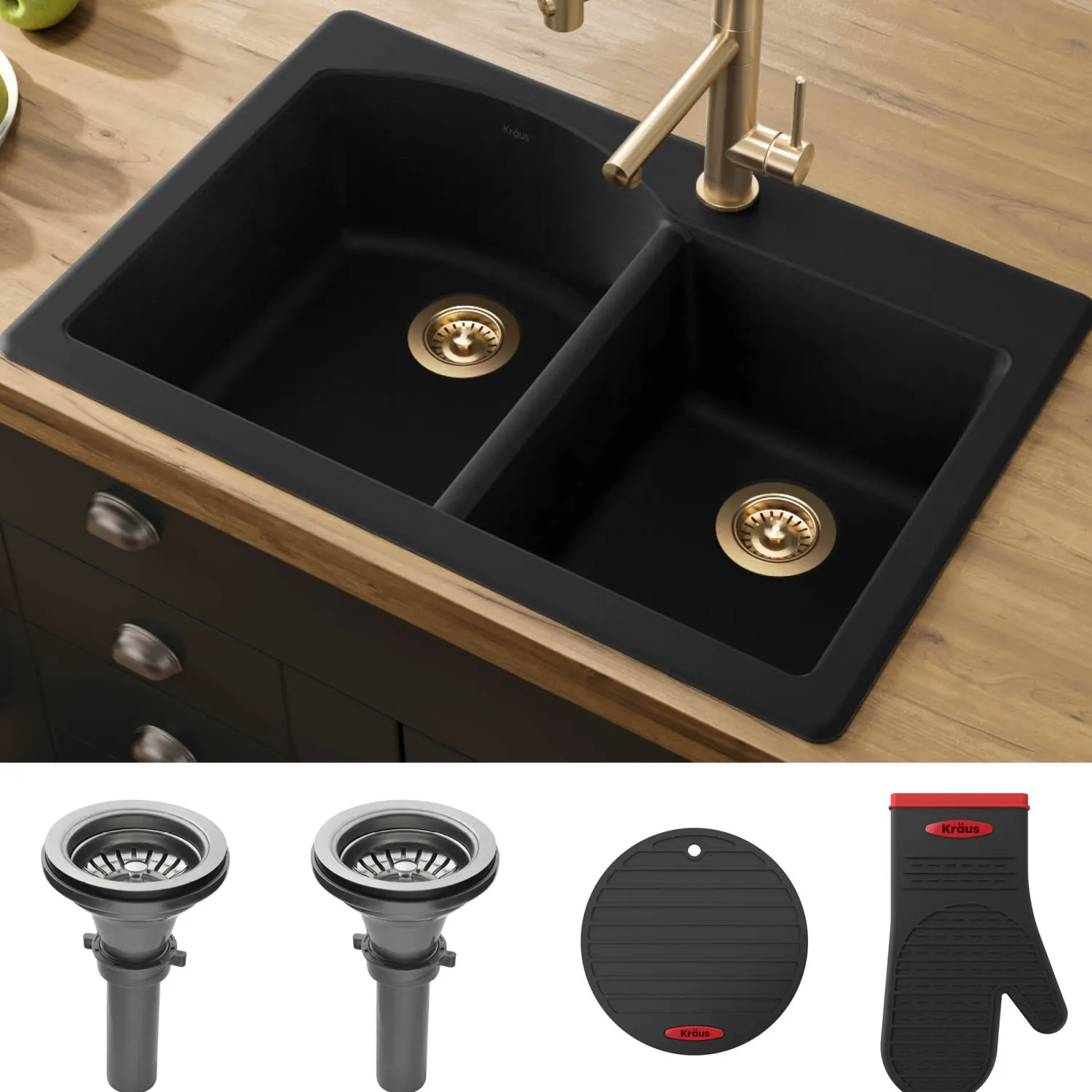 Forteza 33" Dual Mount 60/40 Double Bowl Granite Kitchen Sink in Black Drop-In / Top Mount Sinks|Double Bowl Sinks