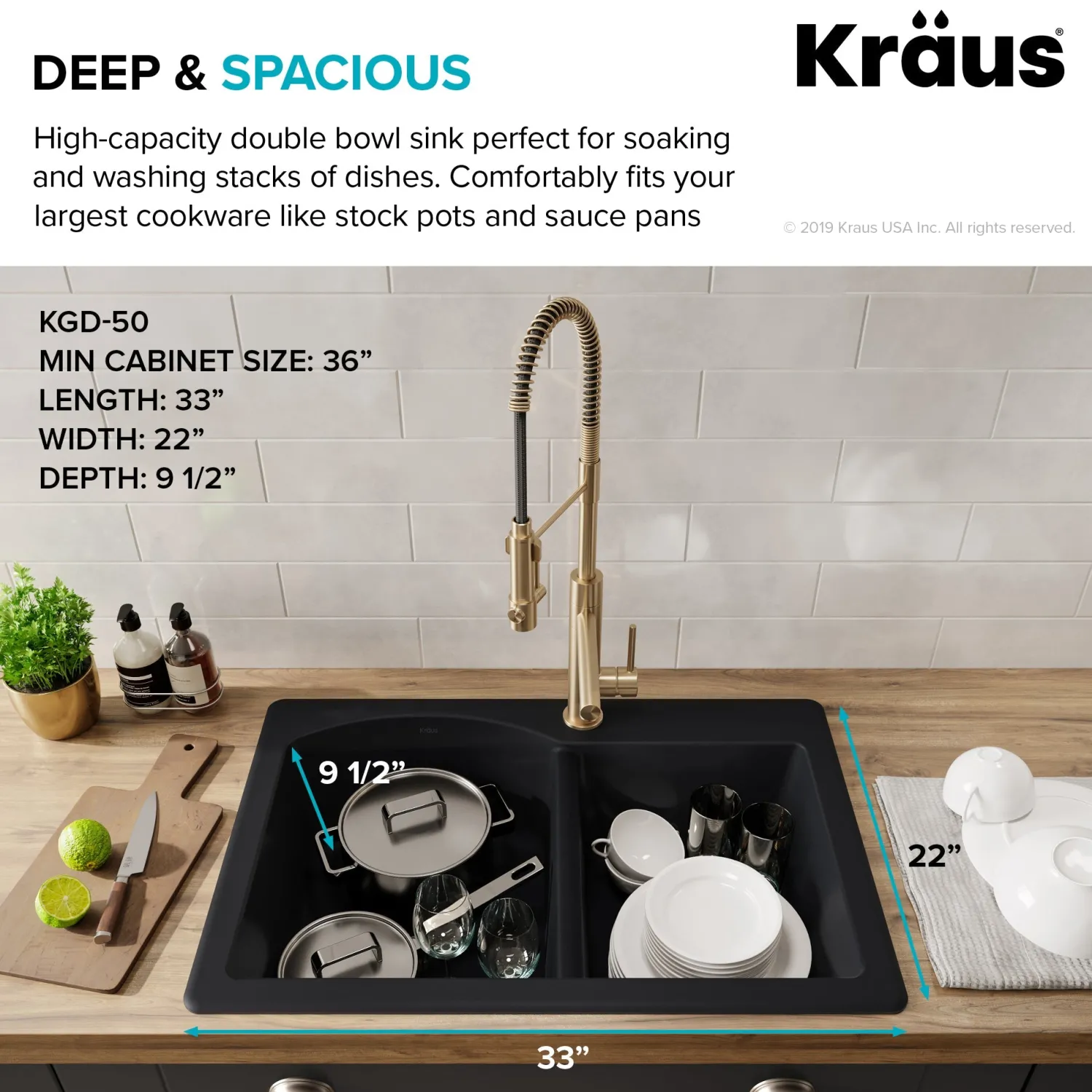 Forteza 33" Dual Mount 60/40 Double Bowl Granite Kitchen Sink in Black Drop-In / Top Mount Sinks|Double Bowl Sinks
