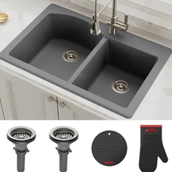 Hot Forteza 33" Dual Mount 60/40 Double Bowl Granite Kitchen Sink in Grey Drop-In / Top Mount Sinks|Double Bowl Sinks