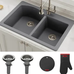 Discount Forteza 33" Dual Mount 50/50 Double Bowl Granite Kitchen Sink in Grey Drop-In / Top Mount Sinks|Double Bowl Sinks