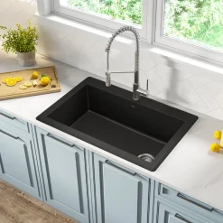 Outlet Forteza 33" Dual Mount Single Bowl Black Granite Kitchen Sink in Black Drop-In / Top Mount Sinks|Single Bowl Sinks