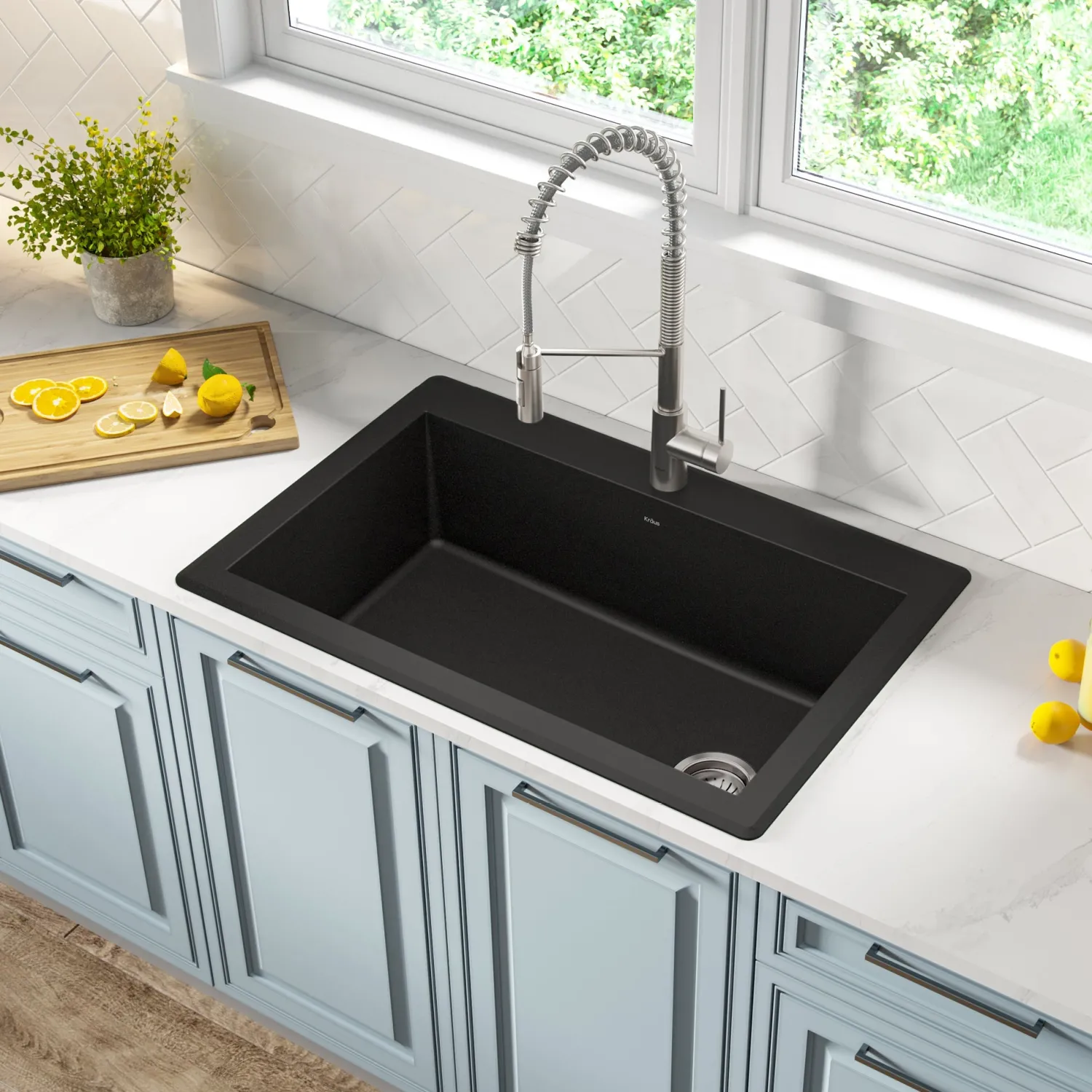 Outlet Forteza 33" Dual Mount Single Bowl Black Granite Kitchen Sink in Black Drop-In / Top Mount Sinks|Single Bowl Sinks