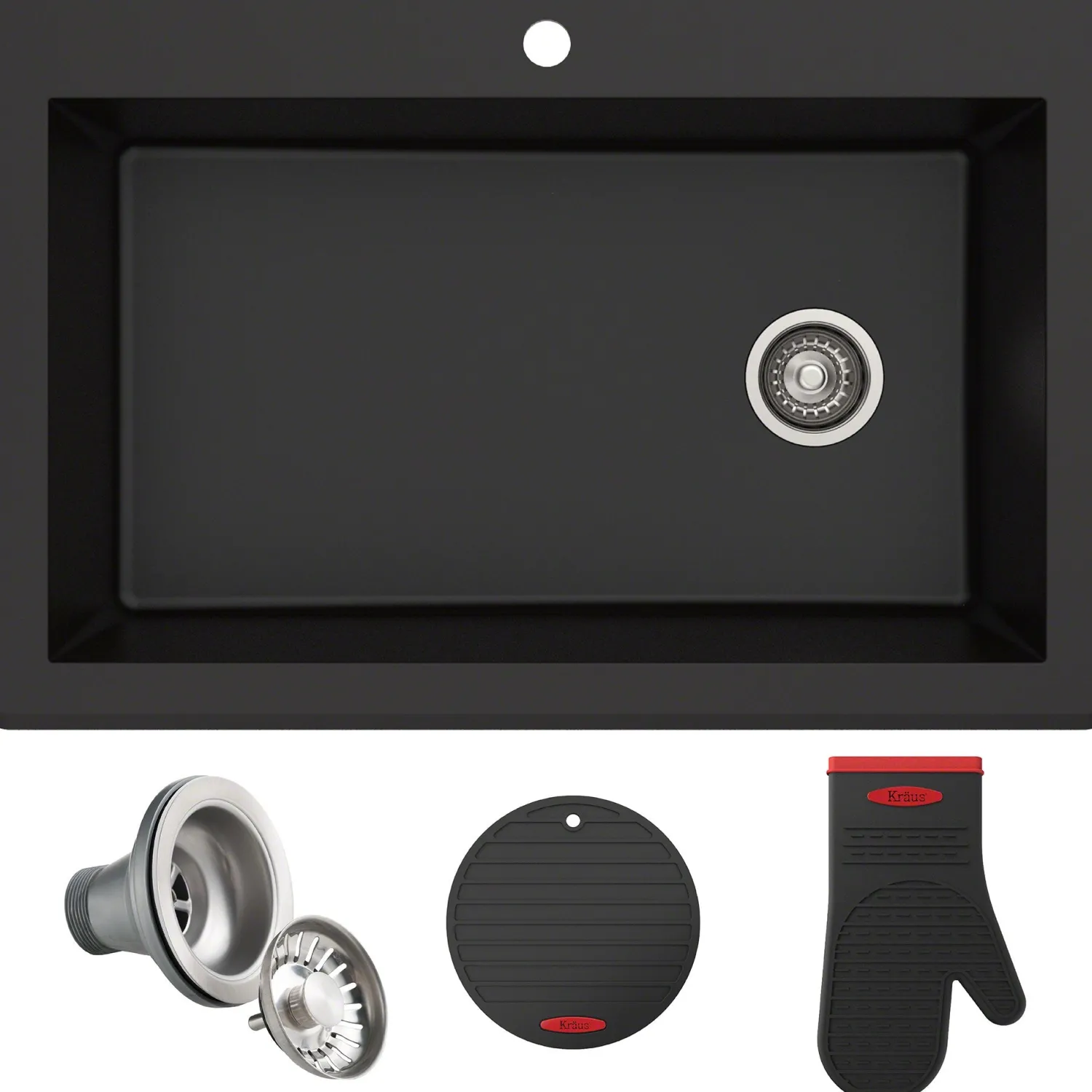 Outlet Forteza 33" Dual Mount Single Bowl Black Granite Kitchen Sink in Black Drop-In / Top Mount Sinks|Single Bowl Sinks