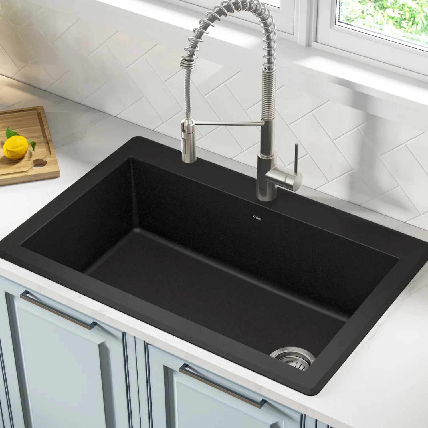 Outlet Forteza 33" Dual Mount Single Bowl Black Granite Kitchen Sink in Black Drop-In / Top Mount Sinks|Single Bowl Sinks