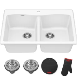 Discount Forteza 33” Granite Drop-In or Undermount 50/50 Double Bowl White Kitchen Sink Undermount Sinks|Composite & Quartz Sinks
