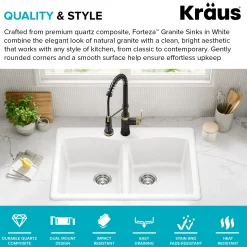 Discount Forteza 33” Granite Drop-In or Undermount 50/50 Double Bowl White Kitchen Sink Undermount Sinks|Composite & Quartz Sinks