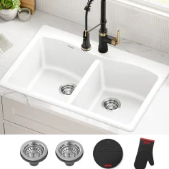 Discount Forteza 33” Granite Drop-In or Undermount 50/50 Double Bowl White Kitchen Sink Undermount Sinks|Composite & Quartz Sinks