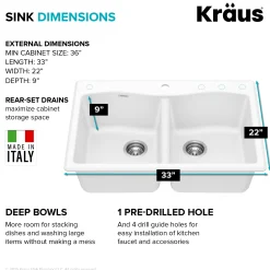 Discount Forteza 33” Granite Drop-In or Undermount 50/50 Double Bowl White Kitchen Sink Undermount Sinks|Composite & Quartz Sinks