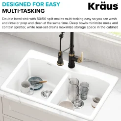 Discount Forteza 33” Granite Drop-In or Undermount 50/50 Double Bowl White Kitchen Sink Undermount Sinks|Composite & Quartz Sinks