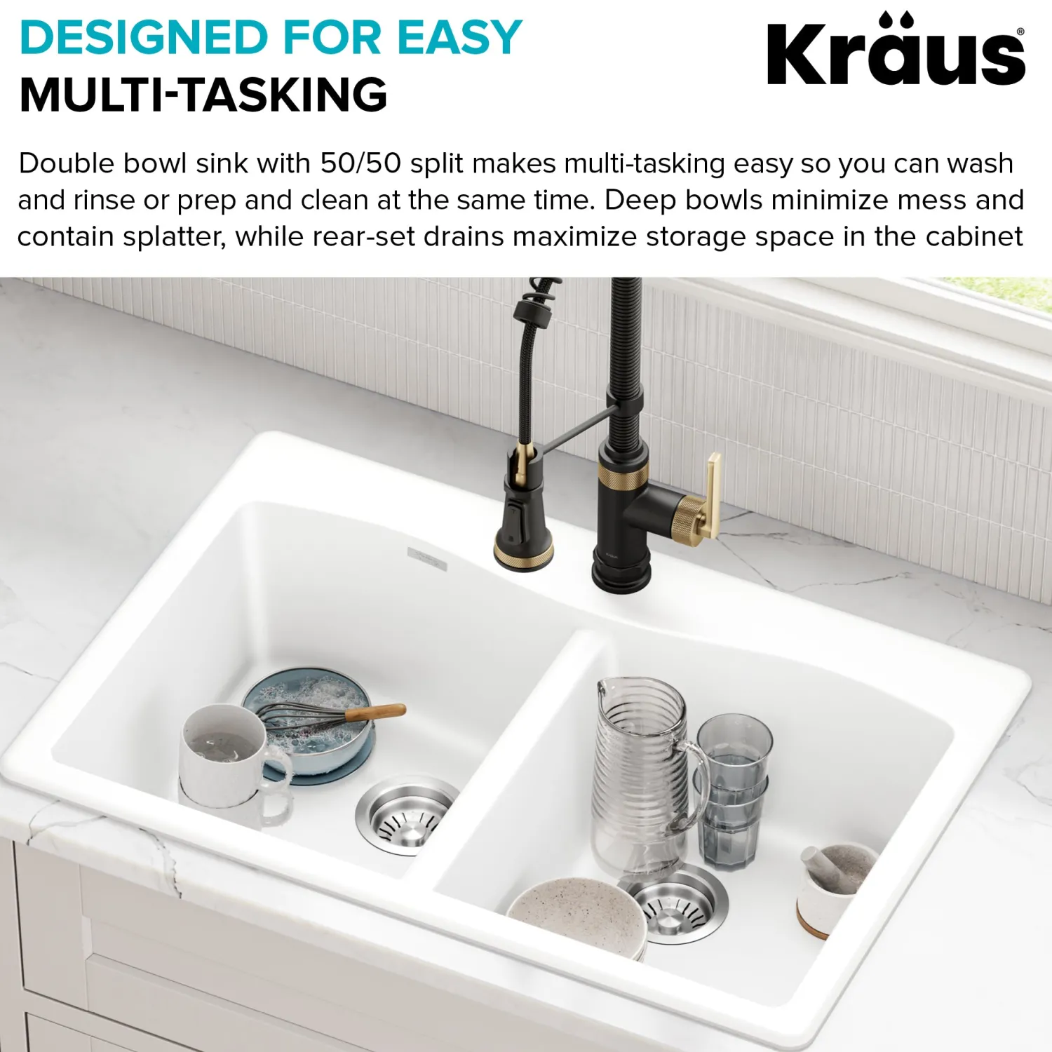 Discount Forteza 33” Granite Drop-In or Undermount 50/50 Double Bowl White Kitchen Sink Undermount Sinks|Composite & Quartz Sinks
