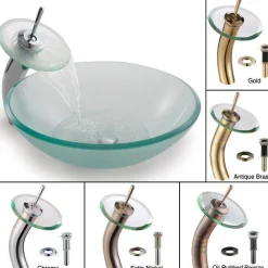 Sale Frosted Glass Vessel Sink and Waterfall Faucet Sink And Faucet Combos